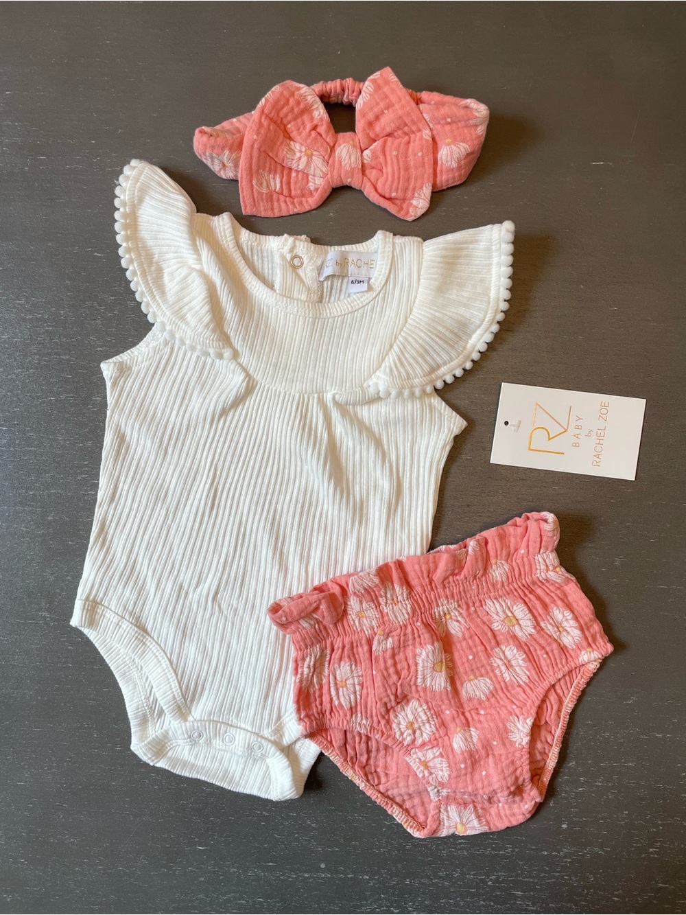 Rachel Zoe White Ribbed Romper with Pink Floral Bloomers & Matching Bow Headband